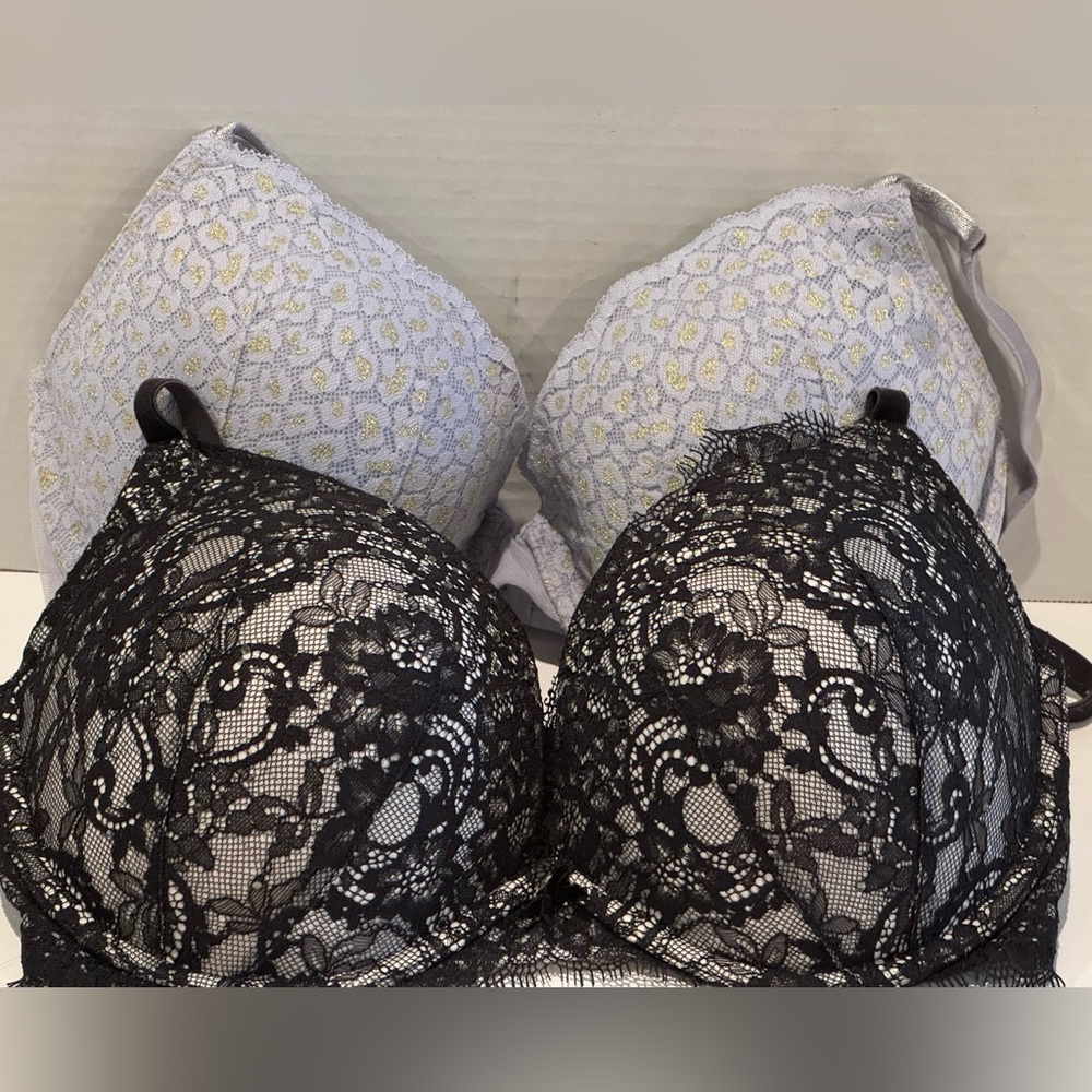 VS 1)Dream Angels Black/Lace & 1)Blue/Sheer/Gold Lined Demi Double 34DD …